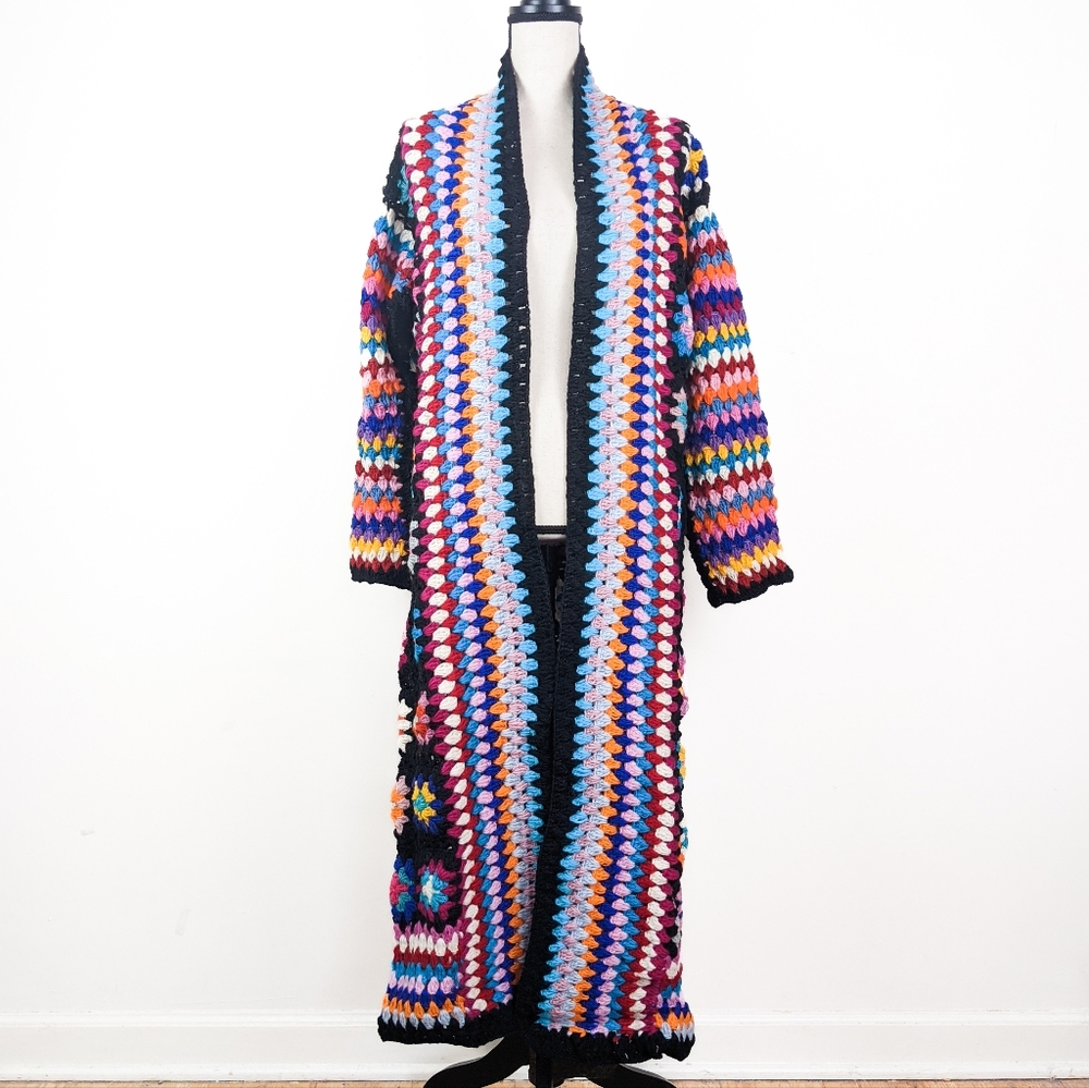🦋LAST🦋 NWT Saachi Granny Square Hand Crocheted Wool Cardigan, Black